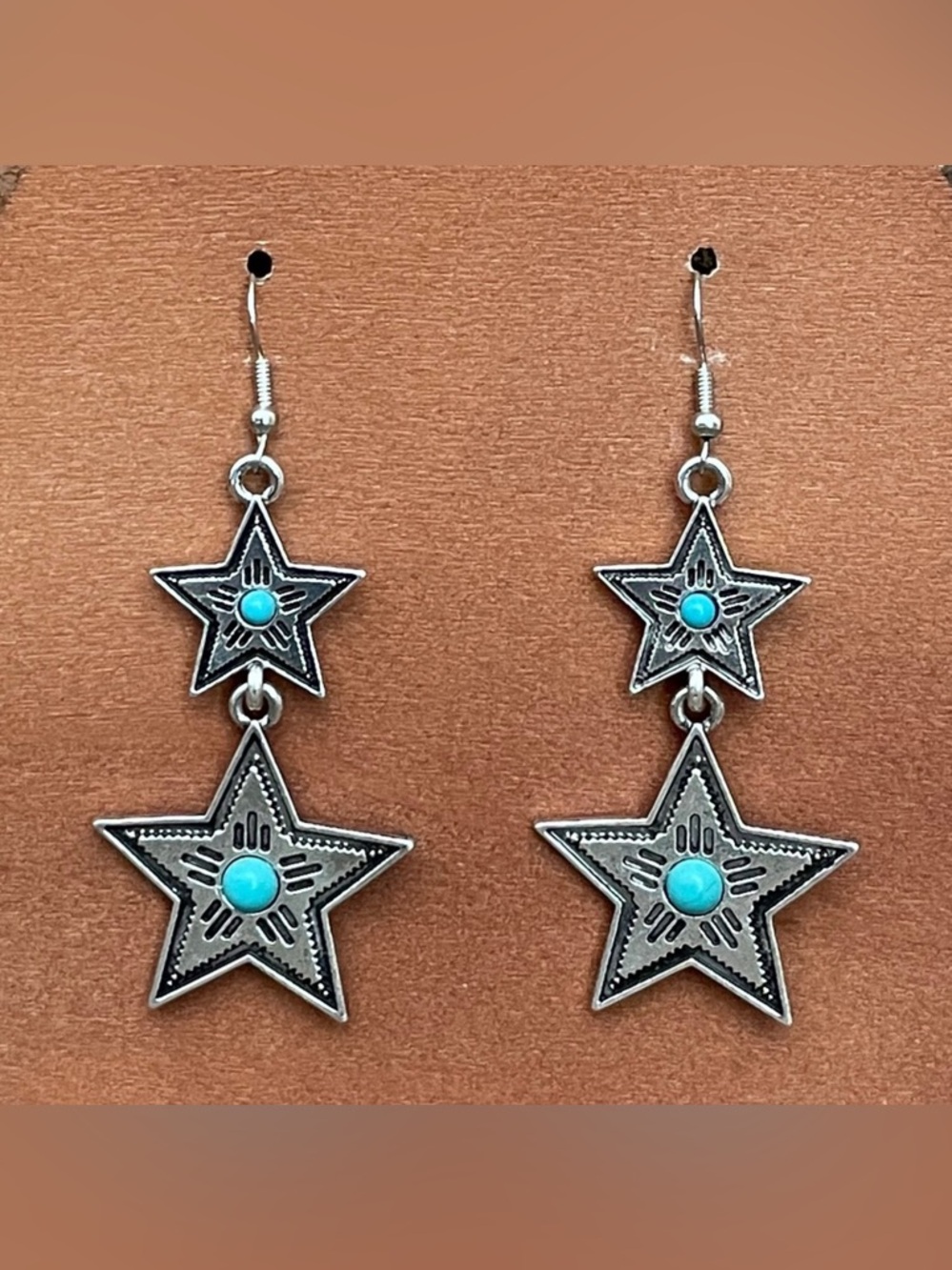 Vintage Turquoise Star Dangle Earrings - Silver Tone